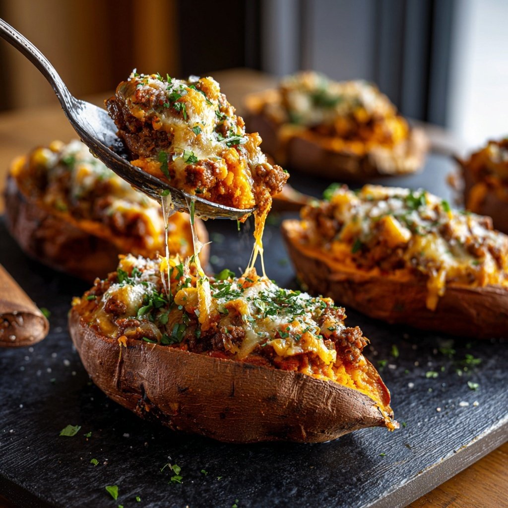 Ground Beef Stuffed Sweet Potatoes